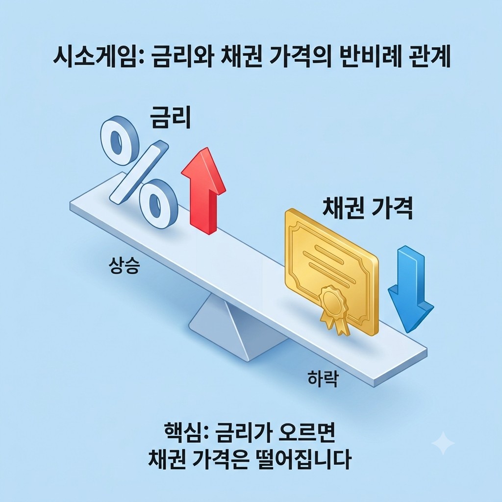 금리 상승과 하락에 따른 채권 가격 변동 원리를 보여주는 시소 모형의 금융 카드뉴스 이미지